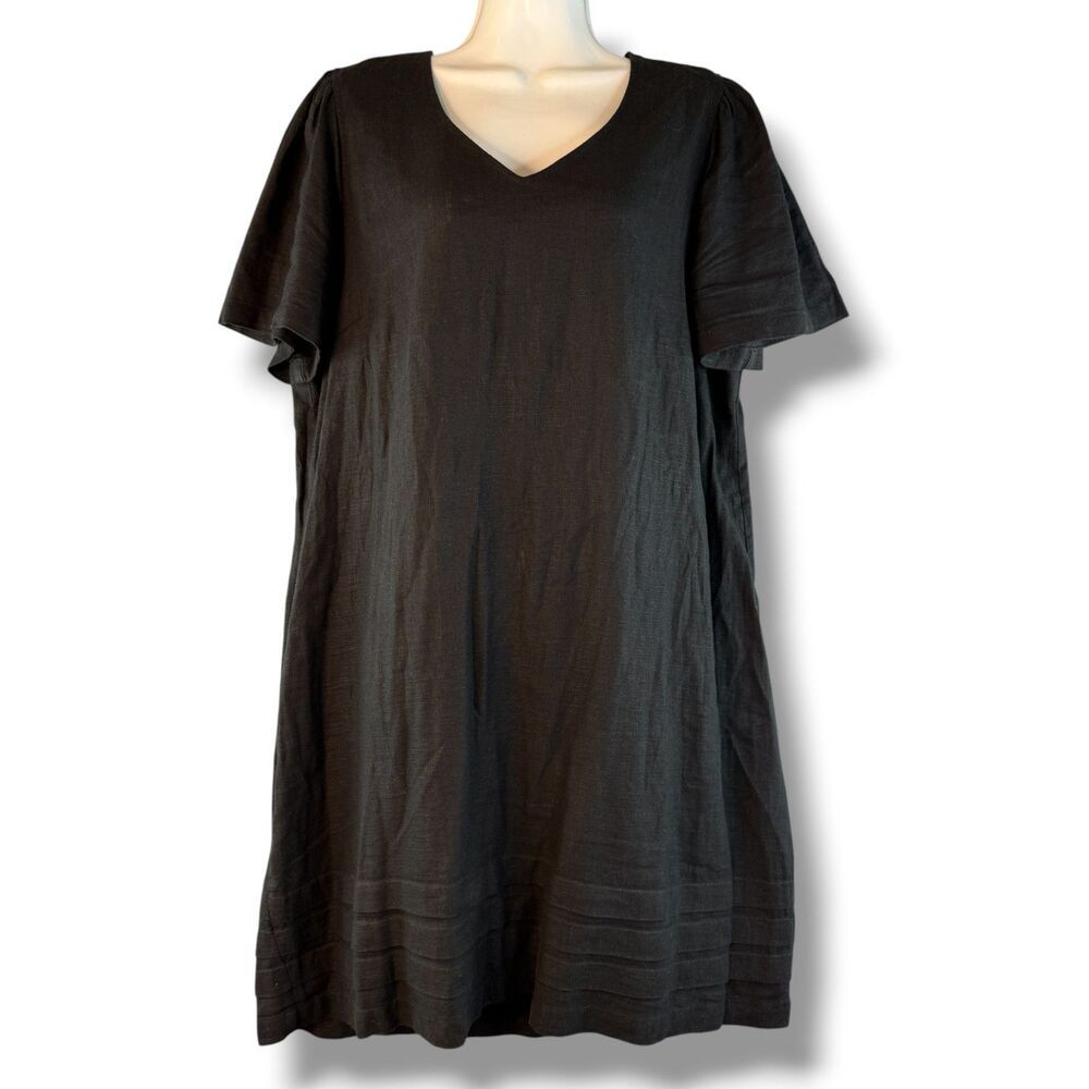 Nicole Miller Black Linen T-Shirt Midi Dress V-Neck Boho Minimalist L Lagenlook